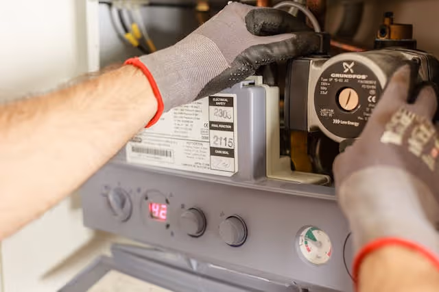 Technician wearing gloves adjusting a Grundfos pump on a heating system control panel with digital temperature display and pressure gauge.