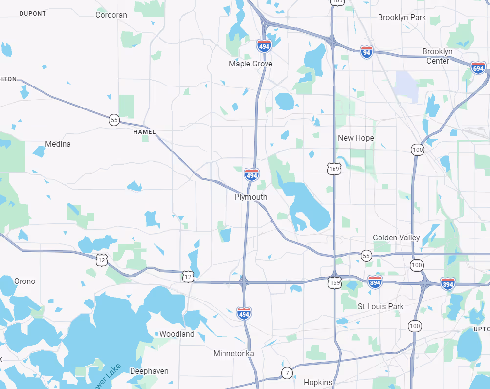 Map showing highways I-494, I-394, and U.S. Route 169 around cities including Plymouth, Maple Grove, Golden Valley, St Louis Park, and Hopkins in Minnesota.